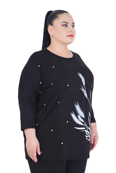 Kadın Büyük Beden Siyah İnci Detaylı Oversize Bluz - Resim 2