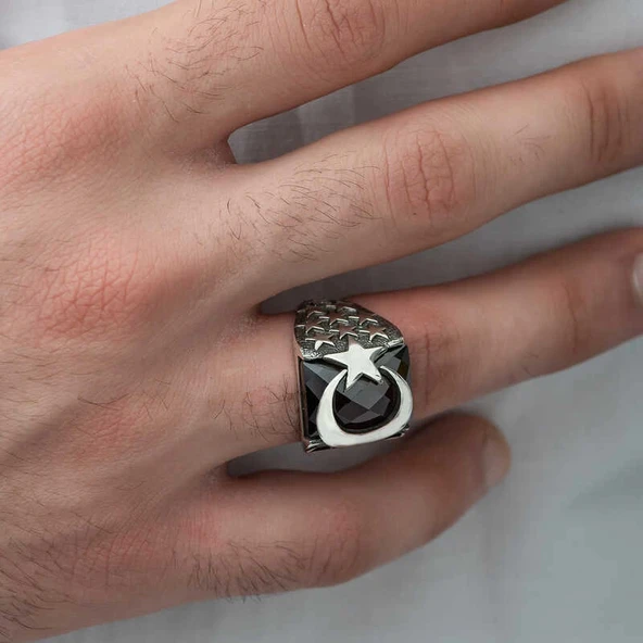 Supertrend ​gümüş Kırmızı Kesme Taşlı Ay Yıldız Erkek Yüzük - Resim 3