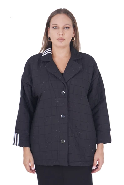 Kadın Büyük Beden Taşlı Spor Şık Düğmeli Ceket