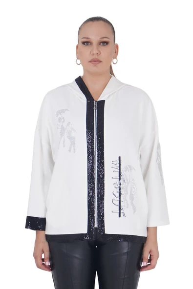 Kadın Büyük Beden Beyaz Taşlı Şık Kapüşonlu Bluz - 1