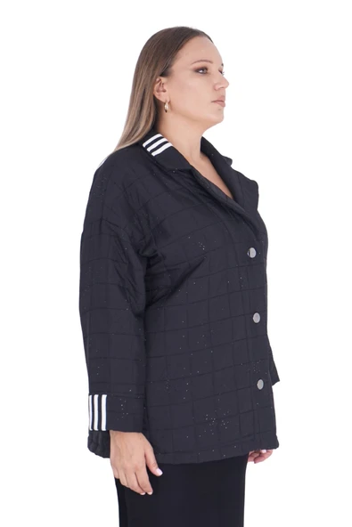 Kadın Büyük Beden Taşlı Spor Şık Düğmeli Ceket - 2