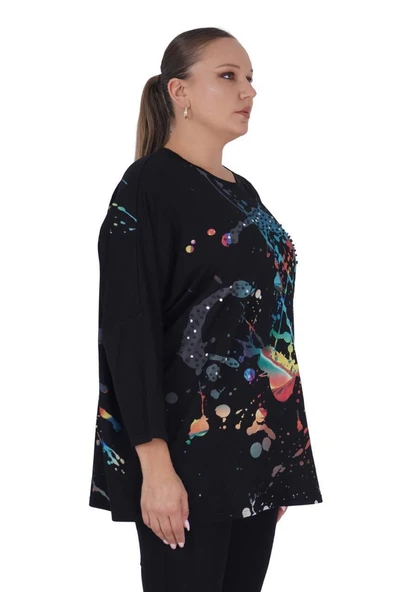 Kadın Büyük Beden Siyah Salaş Oversize Uzun Kollu Tunik Bluz - 2