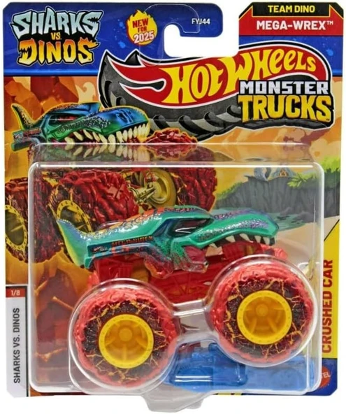 Hot Wheels Monster Trucks Sharks vs. Dinos 1:64 Scale Die-Cast Vehicle Collection 2025 Edition (1/8 Dino Mega-Wrex Team) ürün görseli 1