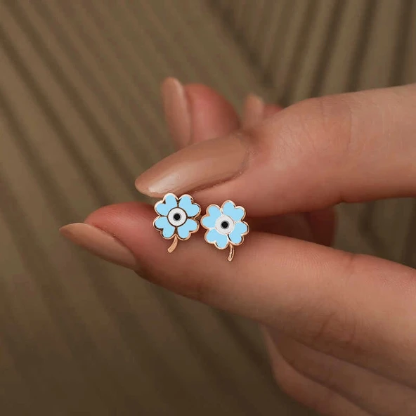 Supertrend Gümüş Fosforlu Mavi Yonca Küpe - Resim 3