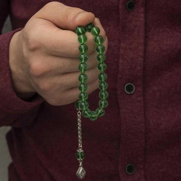 Supertrend ​gümüş Püskül Yeşil Küre Ateş Kehribar Tesbih - Resim 3