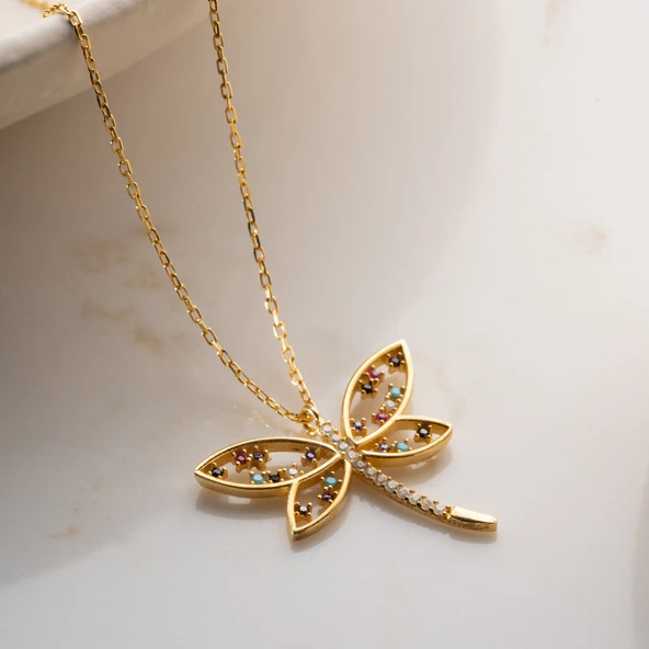 Vaoov 925 Ayar Gümüş Renkli Taşlı Gold Yusufçuk Kolye ürün görseli