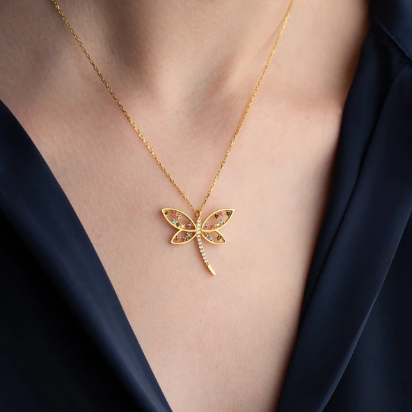 Vaoov 925 Ayar Gümüş Renkli Taşlı Gold Yusufçuk Kolye - Resim 3