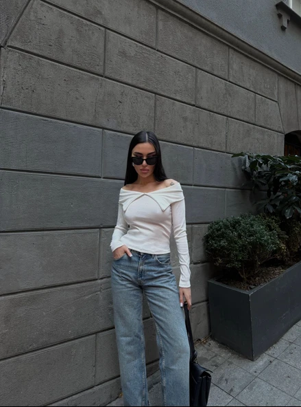 Kelebek yaka uzun kol bluz beyaz - Resim 4