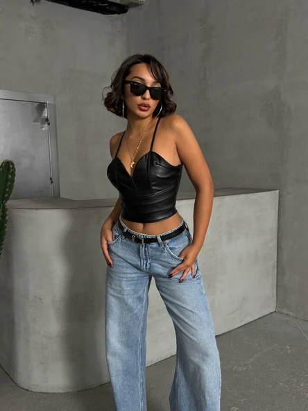 İp askılı yandan fermuarlı rastale deri crop siyah - Resim 5