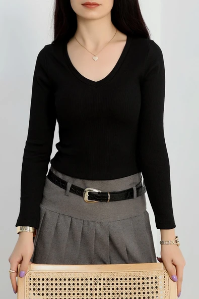 V yaka kaşkorse bluz siyah ürün görseli