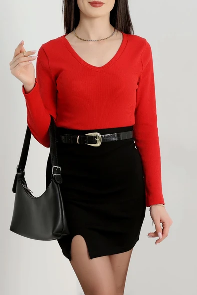 V yaka kaşkorse bluz kırmızı - Resim 3