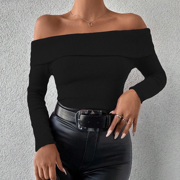 Uzun kol madonna yaka bluz siyah - Resim 3