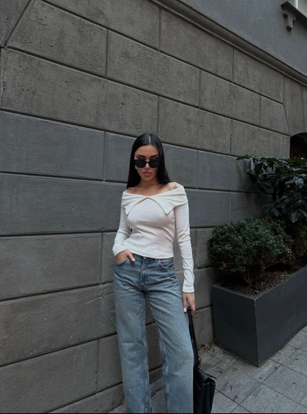 Kelebek yaka uzun kol bluz beyaz - Resim 3