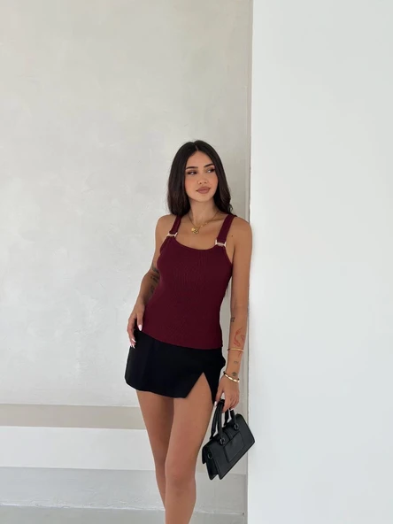 Ottoman toka askılı bluz bordo s4194 - Resim 6