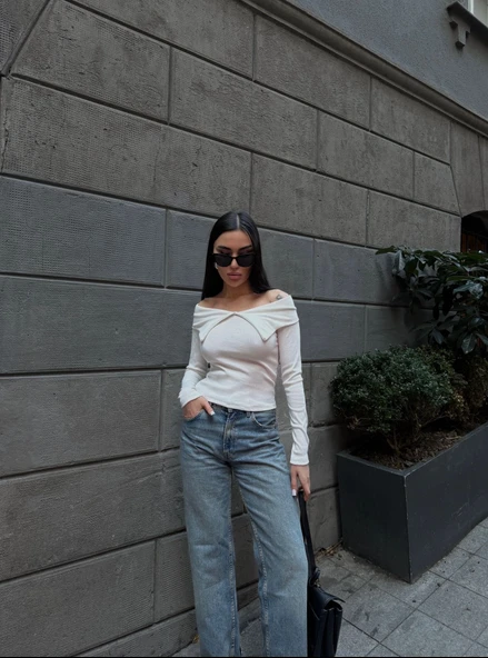 Kelebek yaka uzun kol bluz beyaz - Resim 2