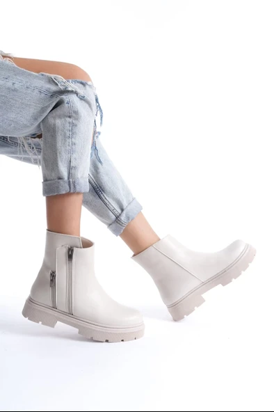 Menta Bej Cilt Fermuar Aksesuarlı Bot - Resim 2