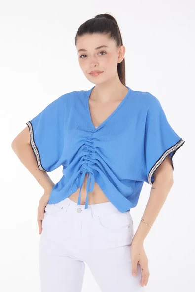 V yaka büzgülü detaylı bluz ürün görseli