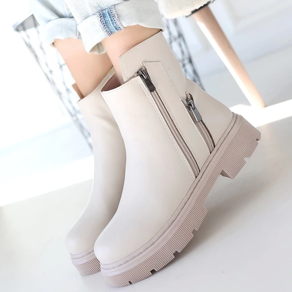 Menta Bej Cilt Fermuar Aksesuarlı Bot - Resim 4