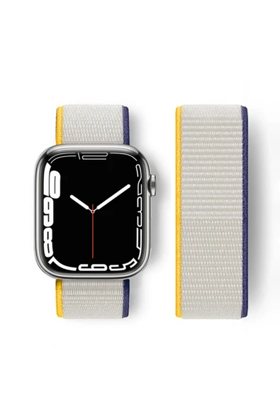 Apple Watch 38mm Hasırlı Cırtcırtlı Kordon - Sarı-Beyaz - 1