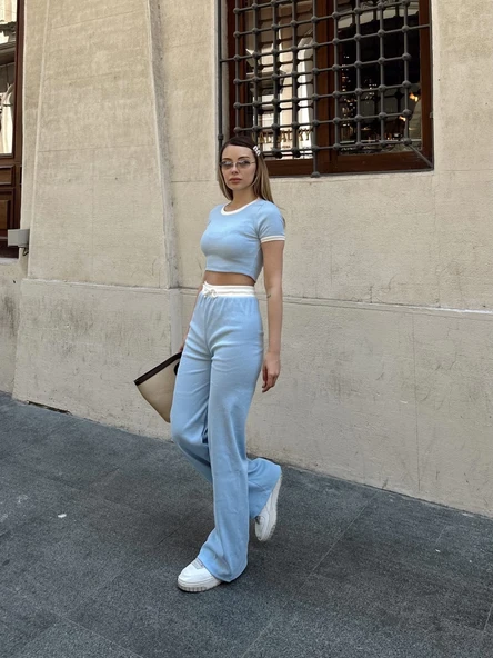 Crop pantolon biyeli takım mavi - Resim 2