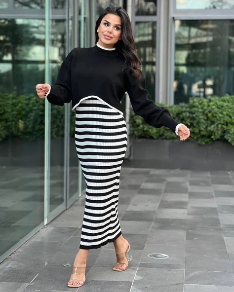 İkili triko elbise takım siyah beyaz - Resim 4