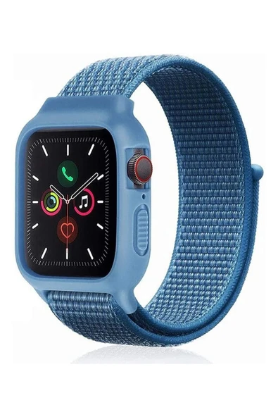 Apple Watch 38mm Hasırlı Cırtcırtlı Kasalı Kordon - Mavi - 1