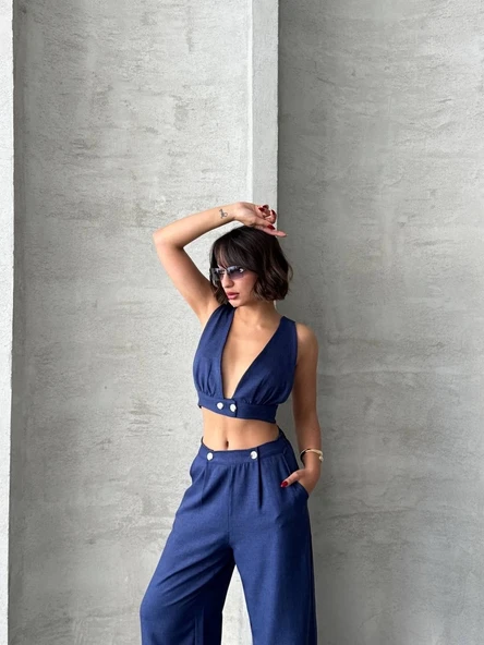 Crop pantolon keten takım s255012 - Resim 6
