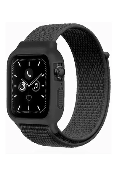 Apple Watch 38mm Hasırlı Cırtcırtlı Kasalı Kordon - Siyah