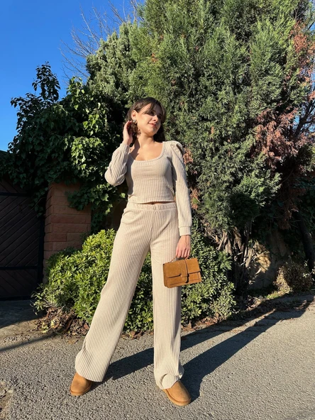 Fitilli prenses kol alt üst takım bej ürün görseli