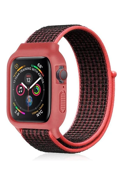 Apple Watch 42mm Hasırlı Cırtcırtlı Kasalı Kordon - Siyah-Pembe - 1