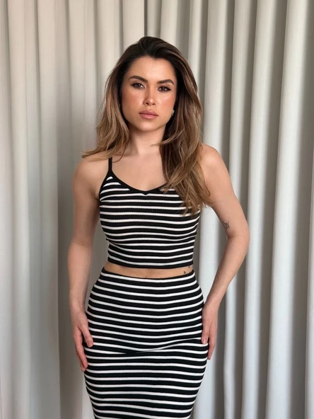 Çizgili etek crop takım - Resim 2