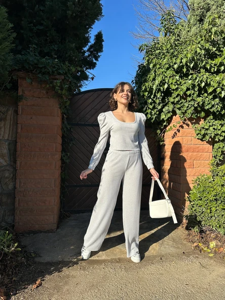 Fitilli prenses kol alt üst takım gri - Resim 4