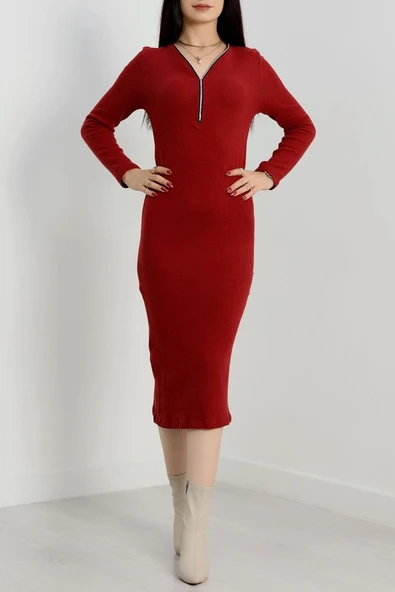 Fermuar detaylı fitilli şardonlu elbise bordo - Resim 3