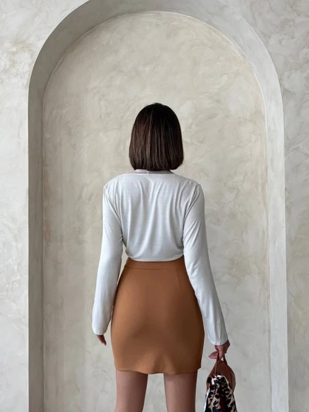 Çift yırtmaçlı etek camel s25910 - Resim 7