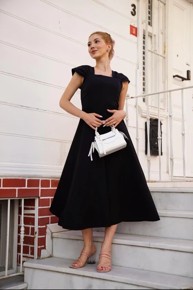 U yaka prenses elbise siyah s255101 - Resim 3