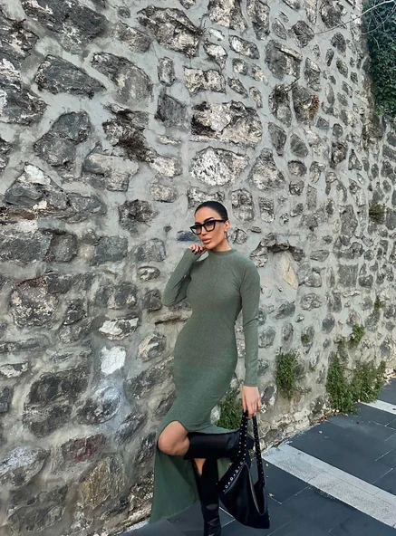 Yırtmaçlı kalın bürümcük uzun elbise Yeşil - Resim 6