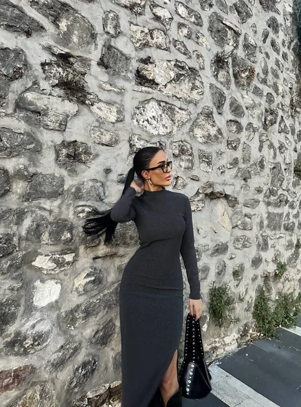 Yırtmaçlı kalın bürümcük uzun elbise siyah - Resim 2