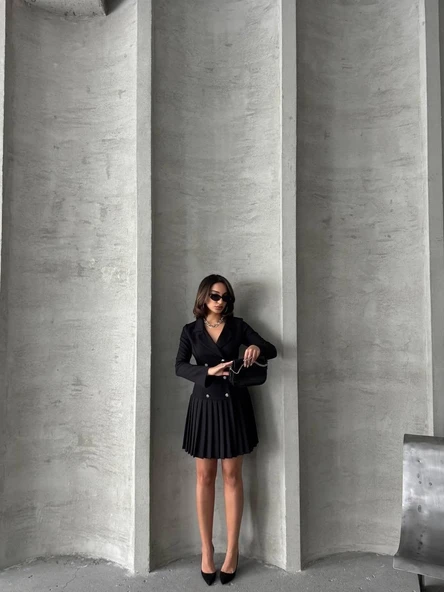 Altı piliseli uzun kollu ceket elbise siyah s255016 - Resim 3