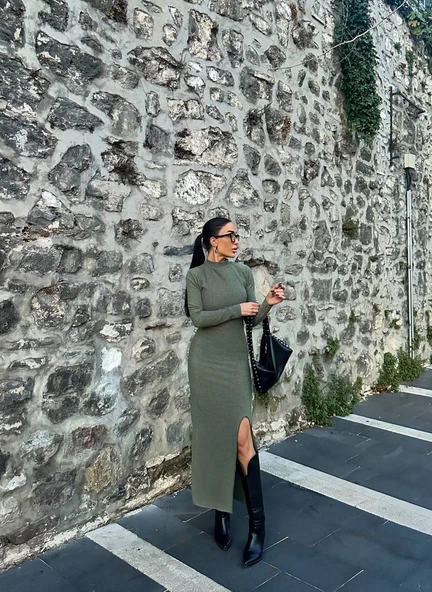 Yırtmaçlı kalın bürümcük uzun elbise Yeşil - Resim 3