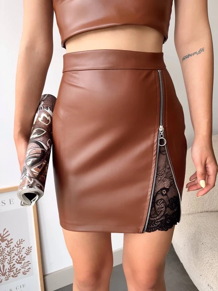 Dantelli fermuarlı deri etek kahve - Resim 2