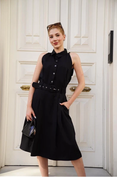 Gömlek yaka kemerli elbise siyah s255061 ürün görseli