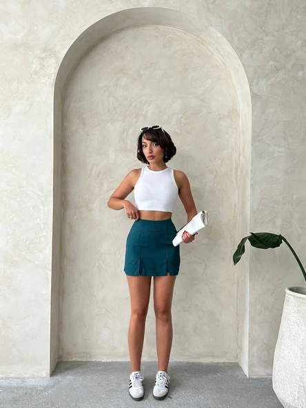 Çift yırtmaçlı atlas şort etek petrol yeşili s240364 - Resim 4