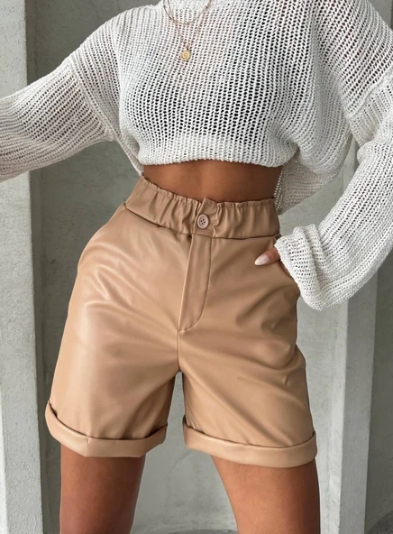 Beli lastikli duble paça deri şort bej w24755 - Resim 4
