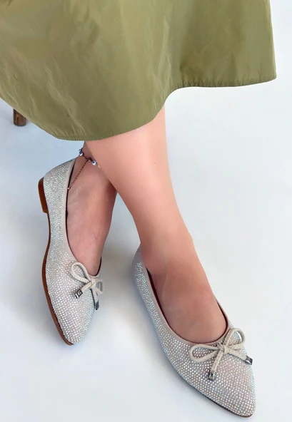 Sarra Bej Saten İşlemeli Babet Ayakkabı - Resim 3