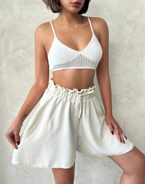 Volanlı keten şort bej s255058 - Resim 4