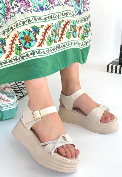 Luno Bej Cilt Kemerli Sandalet - Resim 2