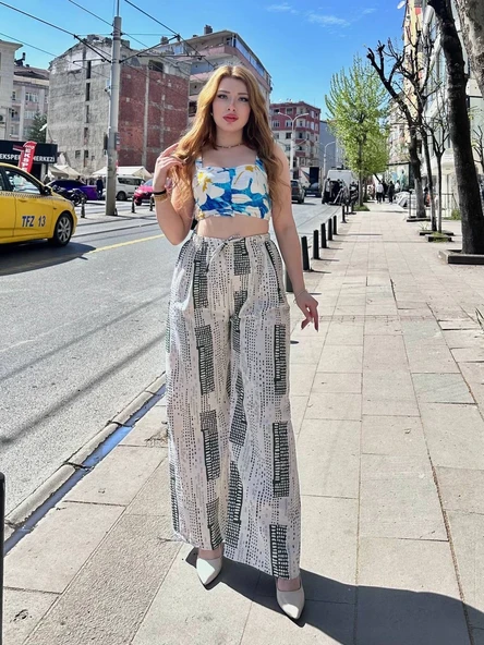 Baskılı Bağcıklı keten pantolon krem ürün görseli