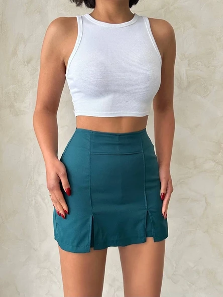 Çift yırtmaçlı atlas şort etek petrol yeşili s240364 - Resim 5