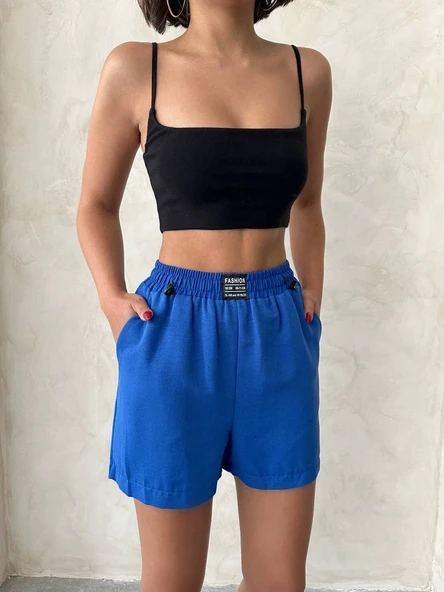 Armalı keten şort saks mavisi s251003 - Resim 5