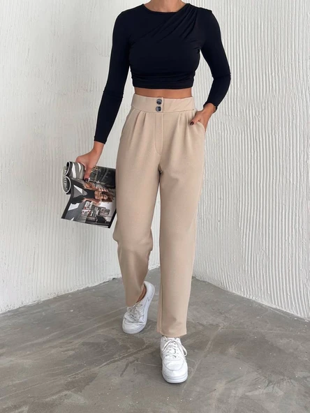 örme krep pantolon çift düğmeli - Resim 2